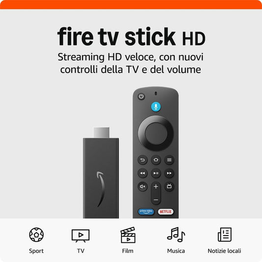 Amazon Fire TV Stick HD (Ultimo modello), TV gratuita e in diretta, telecomando vocale Alexa, controlli per Casa Intelligente, streaming HD