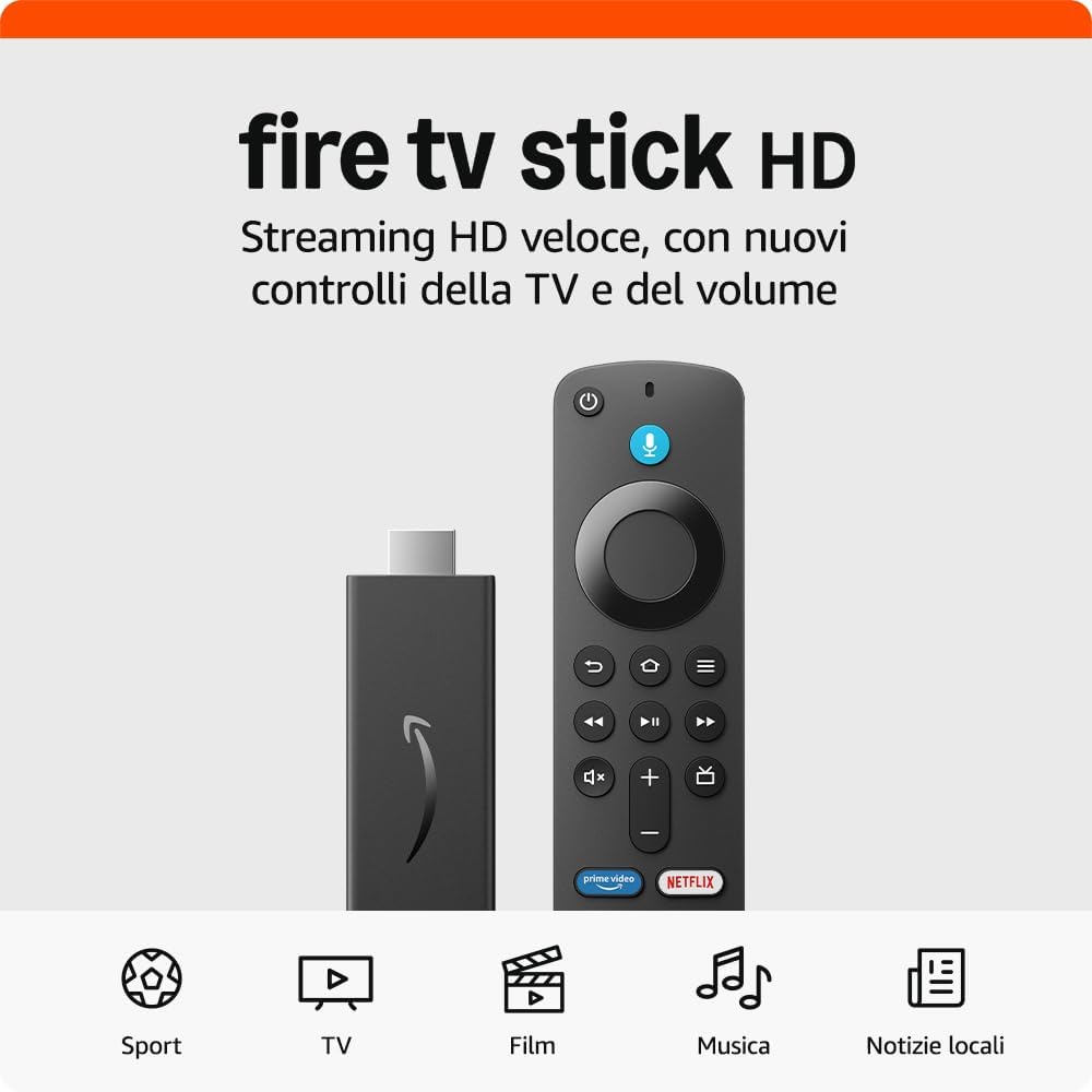 Amazon Fire TV Stick HD (Ultimo modello), TV gratuita e in diretta, telecomando vocale Alexa, controlli per Casa Intelligente, streaming HD